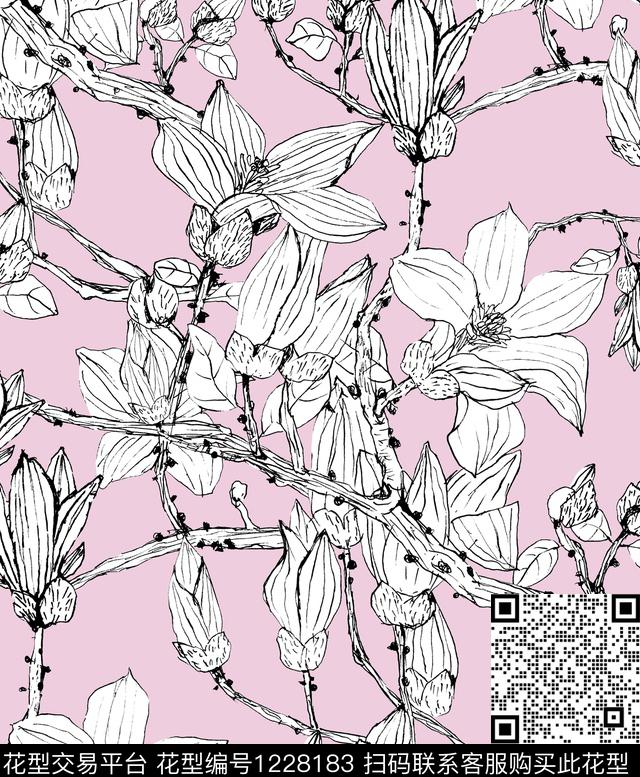 签字笔线条花卉Magnolia数码印花华亿平台下载（图片编号: 1228183） - 瓦栏（Walan）