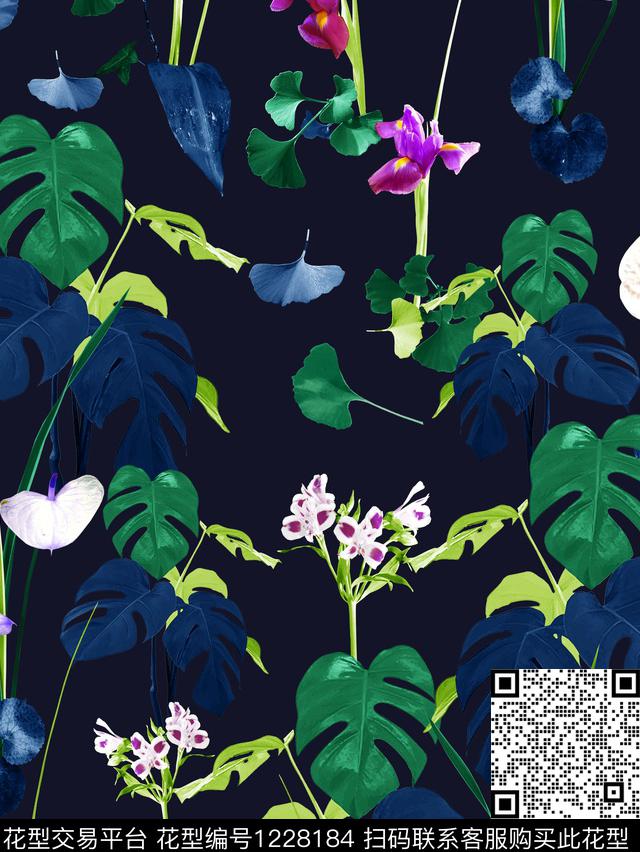 黑底花卉小碎花鸟数码印花华亿平台下载（图片编号: 1228184） - 瓦栏（Walan）