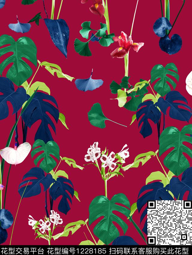 黑底花卉小碎花鸟数码印花华亿平台下载（图片编号: 1228185） - 瓦栏（Walan）
