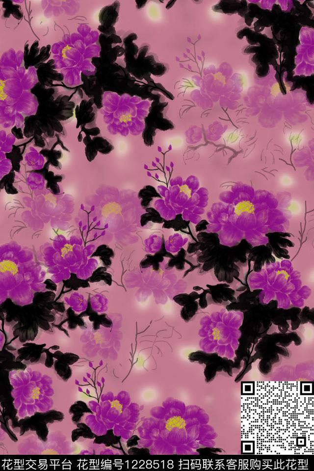 数码华亿平台中国风水墨风数码印花华亿平台下载（图片编号: 1228518） - 瓦栏（Walan）