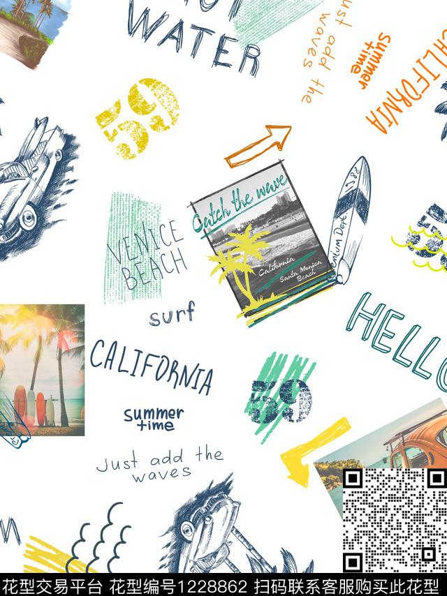 手绘沙滩夏日数码印花华亿平台下载（图片编号: 1228862） - 瓦栏（Walan）