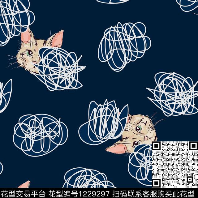 趣味小猫线团数码印花华亿平台下载（图片编号: 1229297） - 瓦栏（Walan）