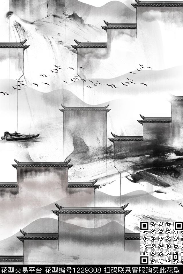 风景景观水墨风建筑数码印花华亿平台下载（图片编号: 1229308） - 瓦栏（Walan）