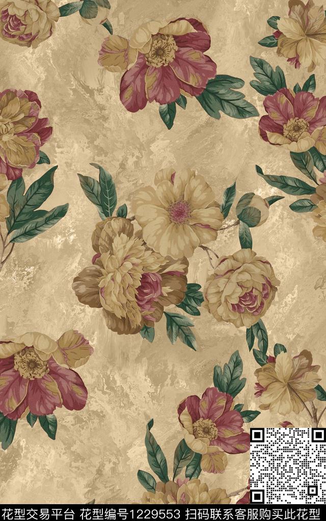 抽象花卉手绘大花复古女装数码印花华亿平台下载（图片编号: 1229553） - 瓦栏（Walan）