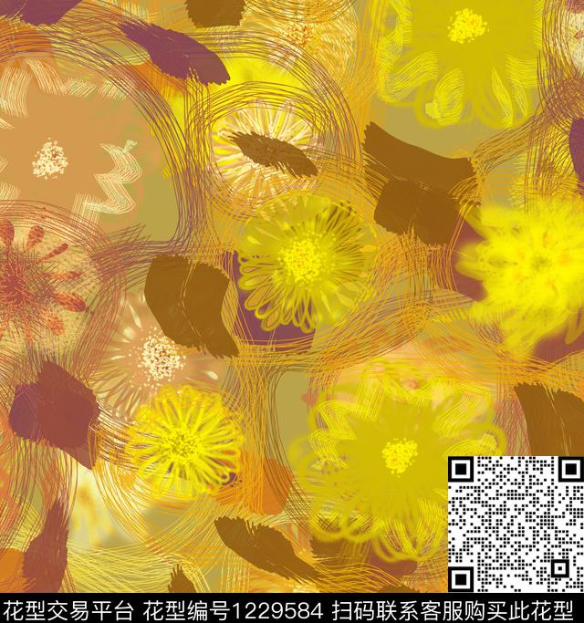 手绘花卉线条数码印花华亿平台下载（图片编号: 1229584） - 瓦栏（Walan）