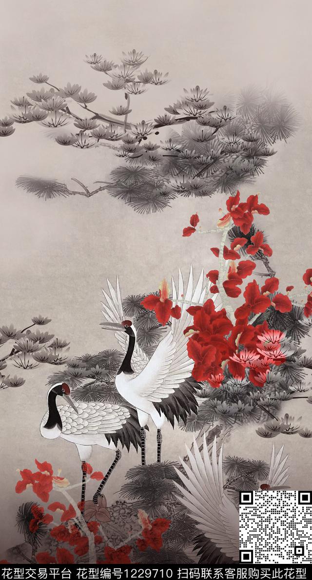 大牌风仙鹤中国风定位花数码印花华亿平台下载（图片编号: 1229710） - 瓦栏（Walan）