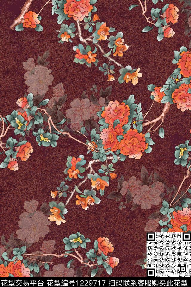 花卉中国风肌理底数码印花华亿平台下载（图片编号: 1229717） - 瓦栏（Walan）