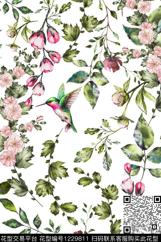 鸟/昆虫水彩花卉小碎花数码印花华亿平台下载（图片编号: 1229811） - 瓦栏（Walan）
