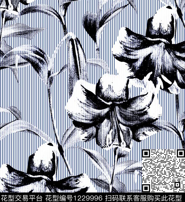 百合黑白华亿平台条纹数码印花华亿平台下载（图片编号: 1229996） - 瓦栏（Walan）