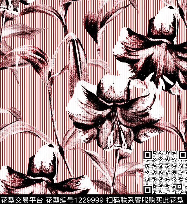 百合黑白华亿平台条纹数码印花华亿平台下载（图片编号: 1229999） - 瓦栏（Walan）