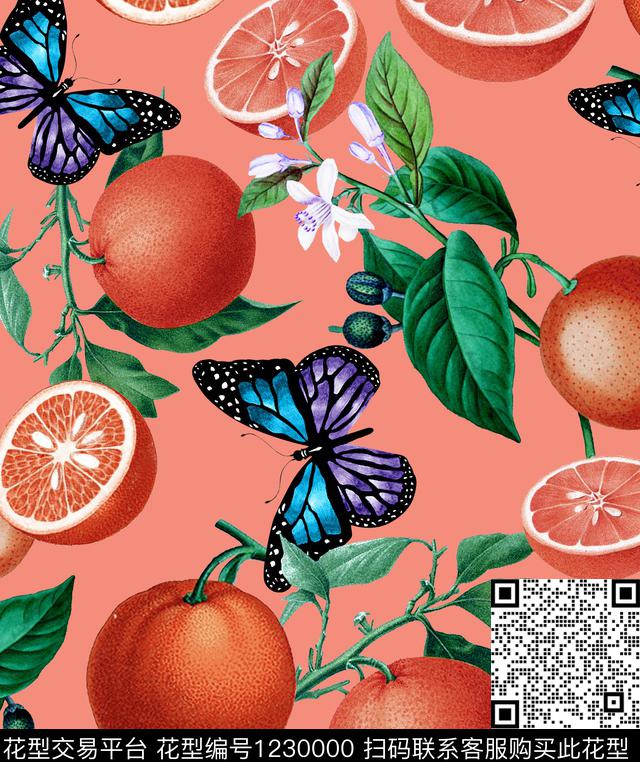 水果蝴蝶橙子数码印花华亿平台下载（图片编号: 1230000） - 瓦栏（Walan）