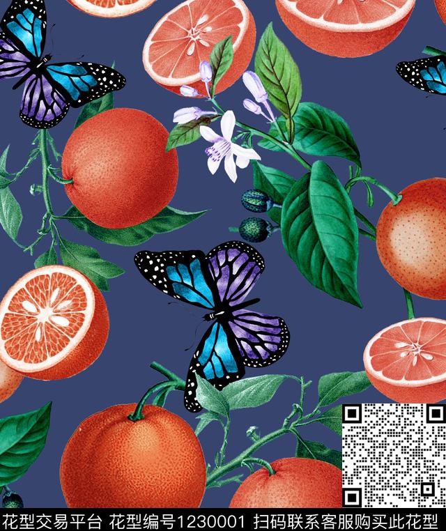 水果蝴蝶橙子数码印花华亿平台下载（图片编号: 1230001） - 瓦栏（Walan）