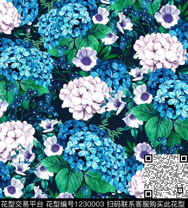 绣球花黑底花卉数码印花华亿平台下载（图片编号: 1230003） - 瓦栏（Walan）