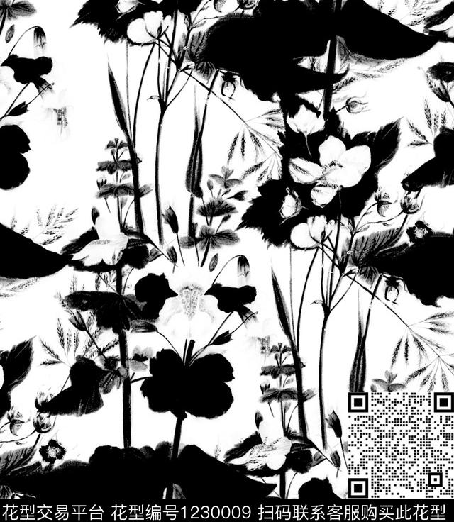 剪影单色花卉小碎花数码印花华亿平台下载（图片编号: 1230009） - 瓦栏（Walan）