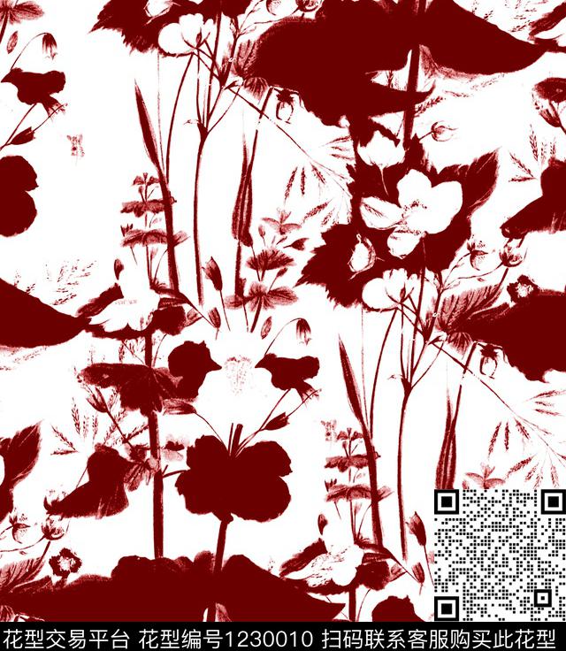 剪影单色花卉小碎花数码印花华亿平台下载（图片编号: 1230010） - 瓦栏（Walan）