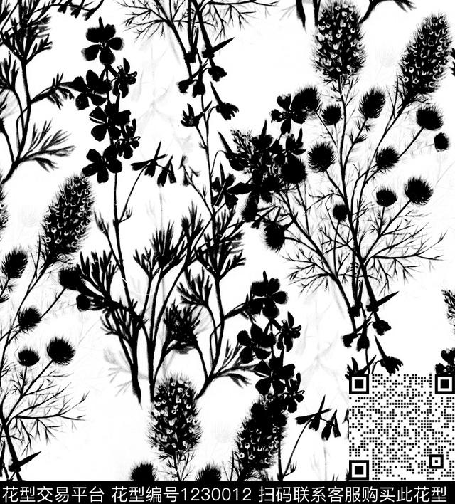 剪影单色花卉小碎花数码印花华亿平台下载（图片编号: 1230012） - 瓦栏（Walan）