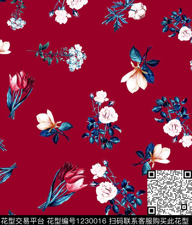 郁金香小碎花中国红数码印花华亿平台下载（图片编号: 1230016） - 瓦栏（Walan）