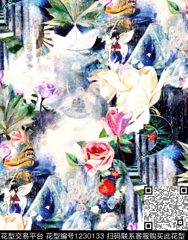 手绘花卉玫瑰花rose数码印花华亿平台下载（图片编号: 1230133） - 瓦栏（Walan）