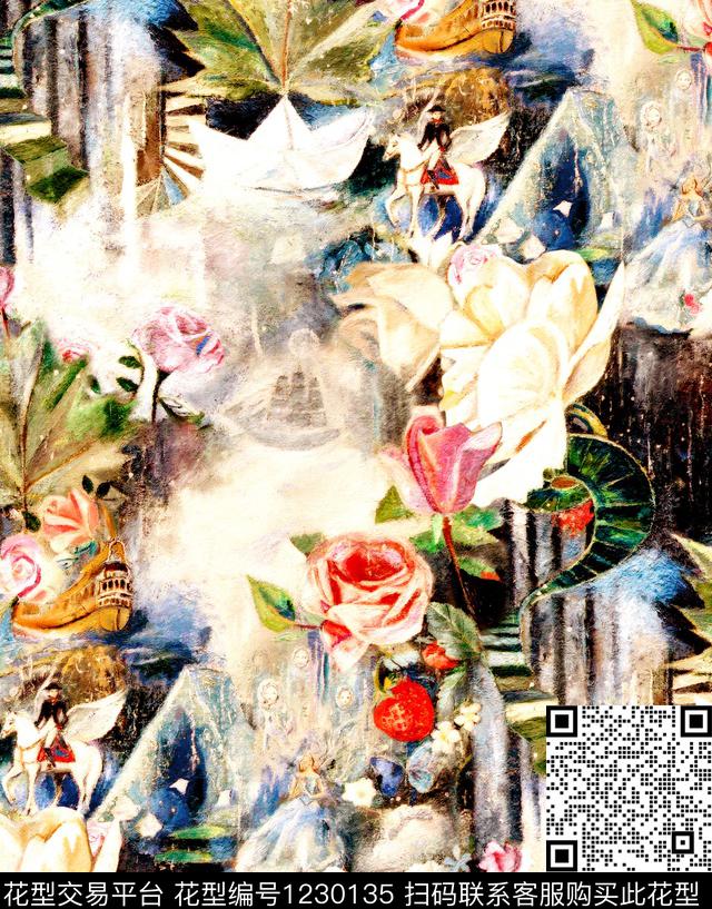 手绘花卉玫瑰花rose数码印花华亿平台下载（图片编号: 1230135） - 瓦栏（Walan）