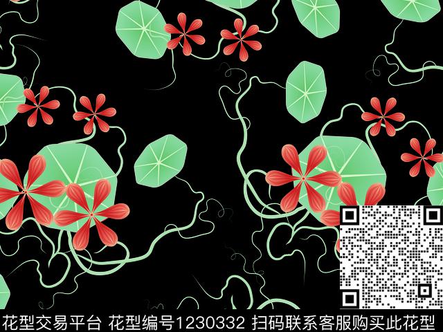 藤蔓深色底华亿平台抽象荷花数码印花华亿平台下载（图片编号: 1230332） - 瓦栏（Walan）