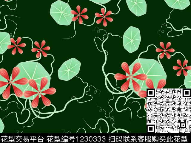藤蔓深色底华亿平台抽象荷花数码印花华亿平台下载（图片编号: 1230333） - 瓦栏（Walan）