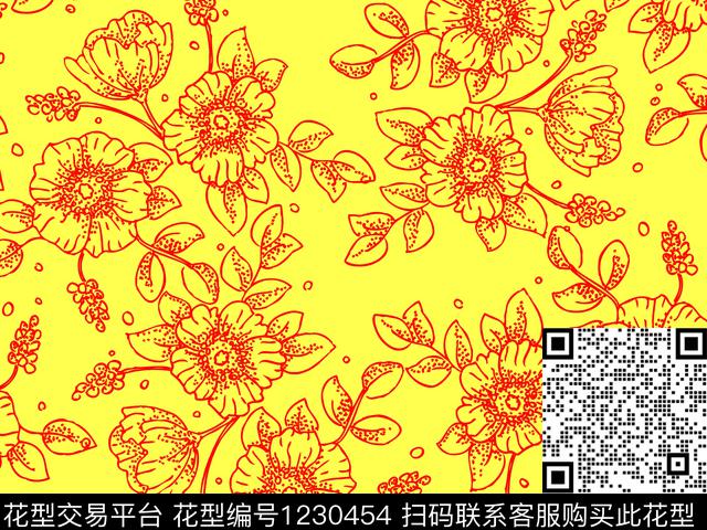 清爽底花卉线条花卉雅致数码印花华亿平台下载（图片编号: 1230454） - 瓦栏（Walan）