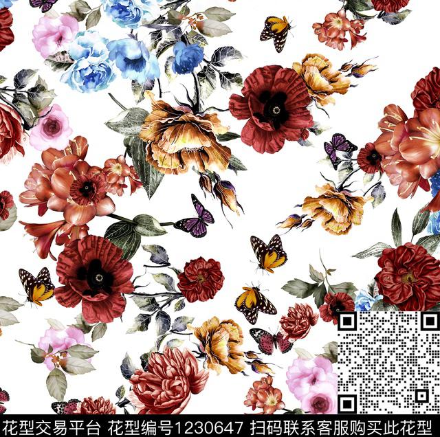 水彩花卉手绘大花传统华亿平台数码印花华亿平台下载（图片编号: 1230647） - 瓦栏（Walan）