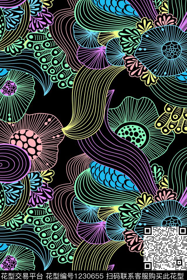 抽象线条热带华亿平台数码印花华亿平台下载（图片编号: 1230655） - 瓦栏（Walan）