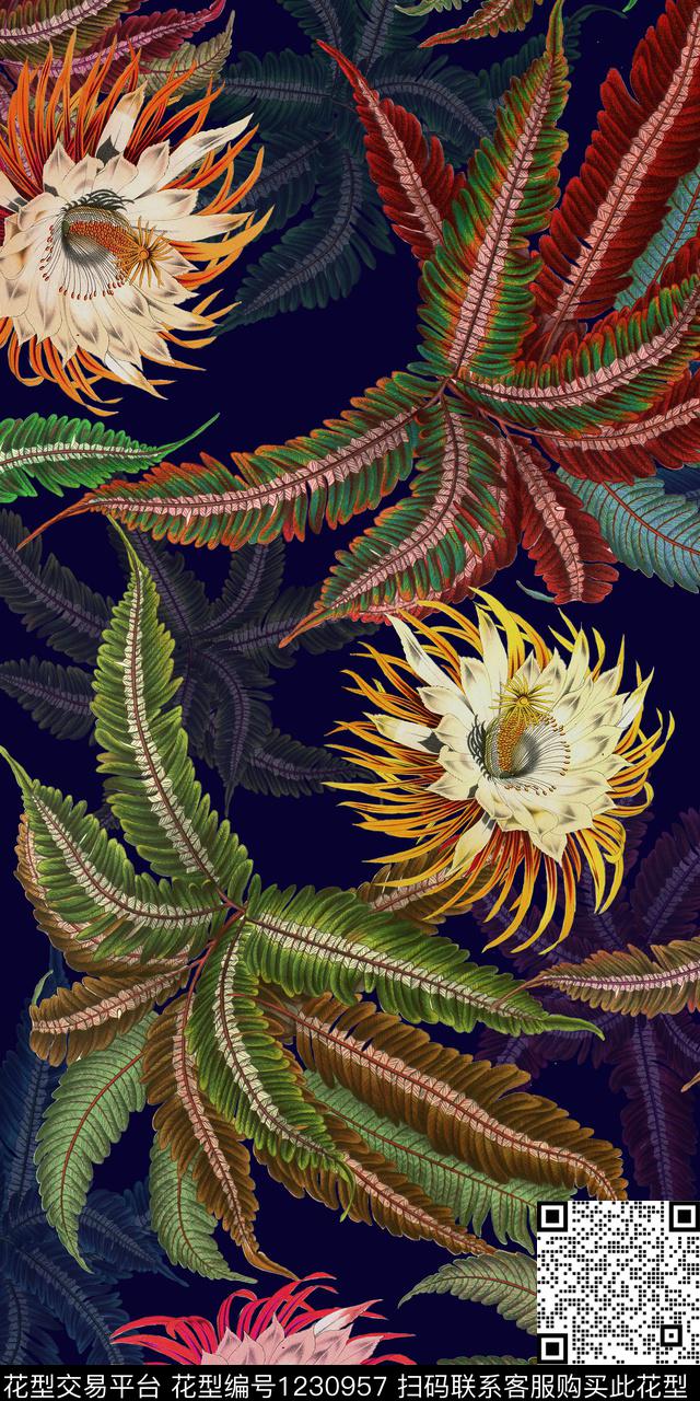 手绘花卉绿植树叶数码印花华亿平台下载（图片编号: 1230957） - 瓦栏（Walan）