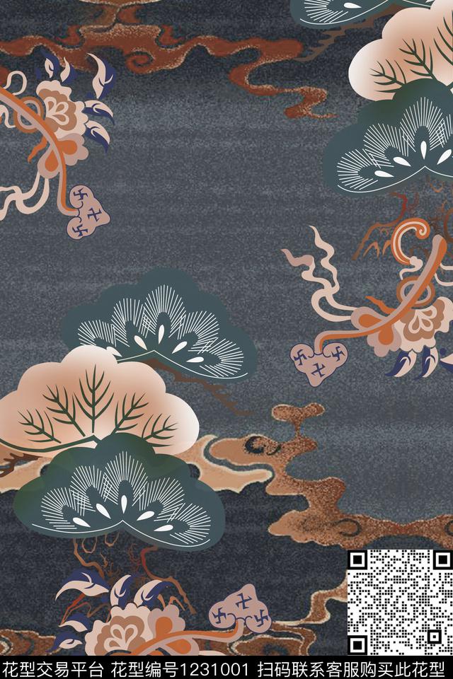 祥云中国风旗袍数码印花华亿平台下载（图片编号: 1231001） - 瓦栏（Walan）