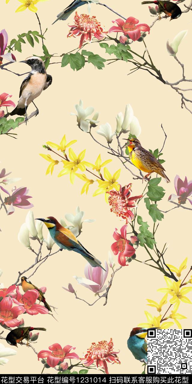 花卉树枝鸟数码印花华亿平台下载（图片编号: 1231014） - 瓦栏（Walan）