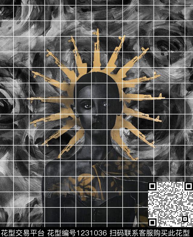 手绘灰玫瑰黑美女千枪背景数码印花华亿平台下载（图片编号: 1231036） - 瓦栏（Walan）