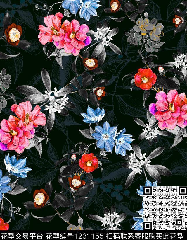 肌理真丝花卉数码印花华亿平台下载（图片编号: 1231155） - 瓦栏（Walan）