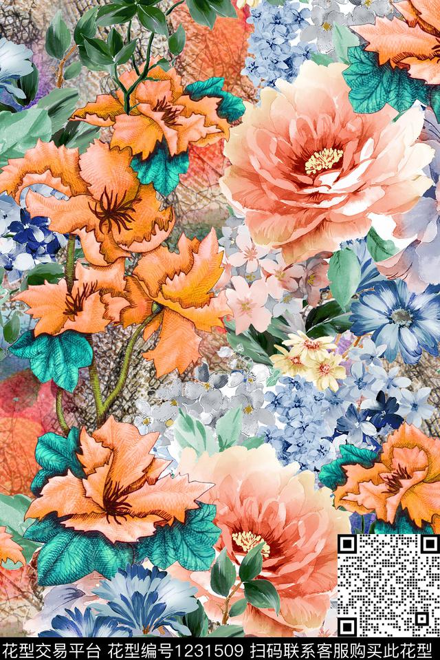 水彩花卉真丝花卉数码印花华亿平台下载（图片编号: 1231509） - 瓦栏（Walan）
