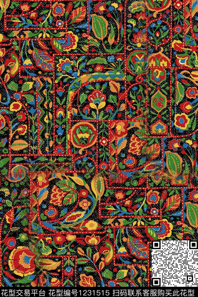 几何花卉抽象花卉真丝数码印花华亿平台下载（图片编号: 1231515） - 瓦栏（Walan）