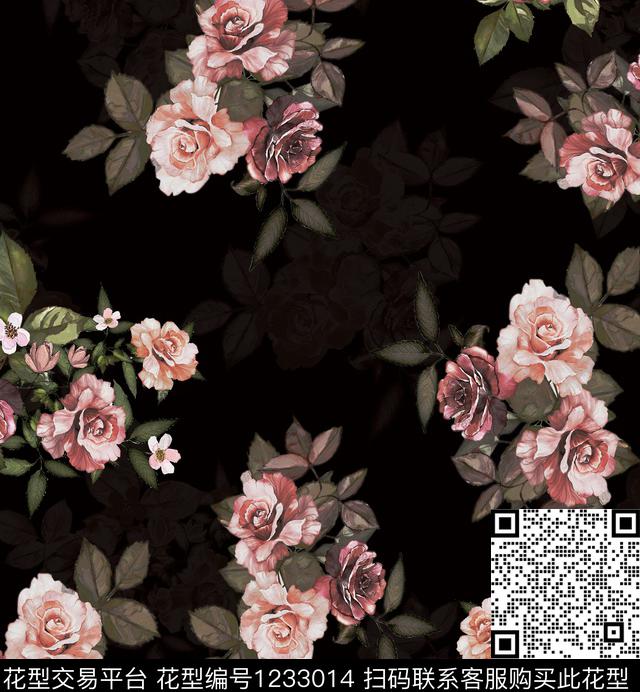 女装绿植树叶手绘玫瑰数码印花华亿平台下载（图片编号: 1233014） - 瓦栏（Walan）