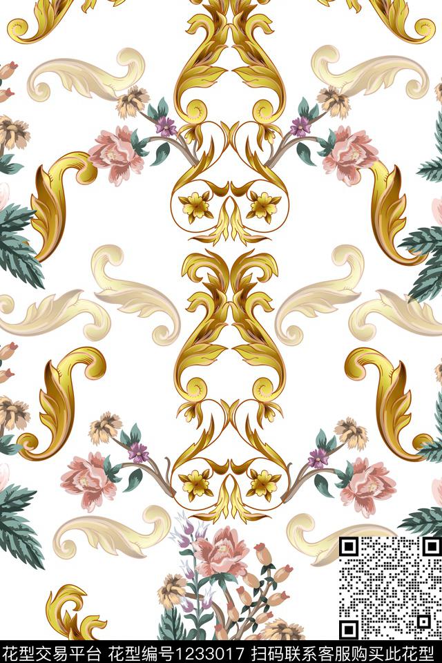 花卉玫瑰花宫廷风数码印花华亿平台下载（图片编号: 1233017） - 瓦栏（Walan）
