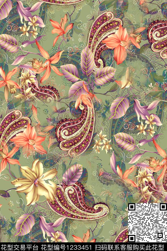 真丝佩斯利旗袍数码印花华亿平台下载（图片编号: 1233451） - 瓦栏（Walan）