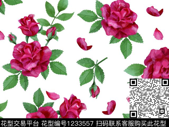 手绘花卉清爽底花卉玫瑰花卉数码印花华亿平台下载（图片编号: 1233557） - 瓦栏（Walan）