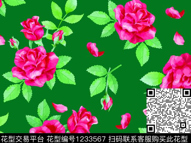 手绘花卉清爽底花卉玫瑰花卉数码印花华亿平台下载（图片编号: 1233567） - 瓦栏（Walan）