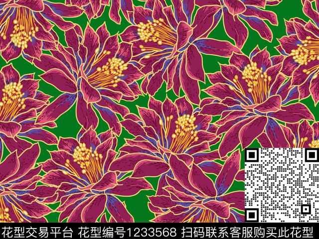 抽象花卉复古大朵花卉数码印花华亿平台下载（图片编号: 1233568） - 瓦栏（Walan）