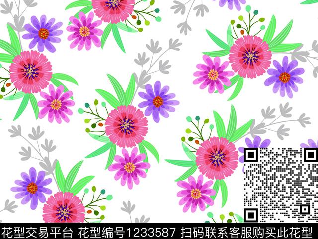 抽象花卉可爱简笔花卉数码印花华亿平台下载（图片编号: 1233587） - 瓦栏（Walan）