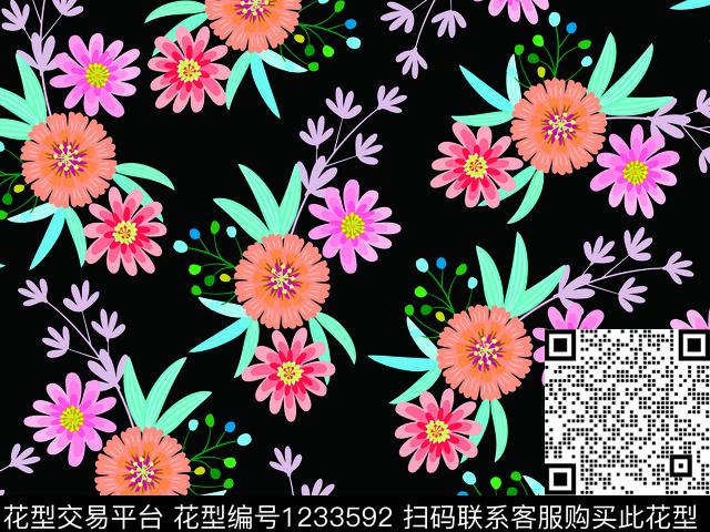 抽象花卉可爱简笔花卉传统印花华亿平台下载（图片编号: 1233592） - 瓦栏（Walan）