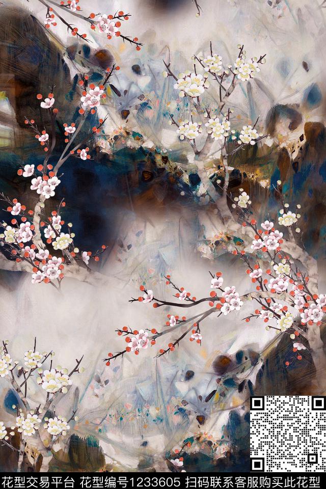 中国风香云纱梅花数码印花华亿平台下载（图片编号: 1233605） - 瓦栏（Walan）