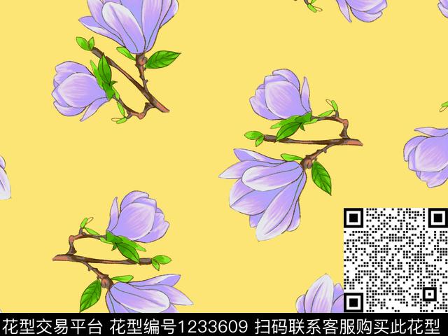 玉兰花清爽底花卉雅致数码印花华亿平台下载（图片编号: 1233609） - 瓦栏（Walan）