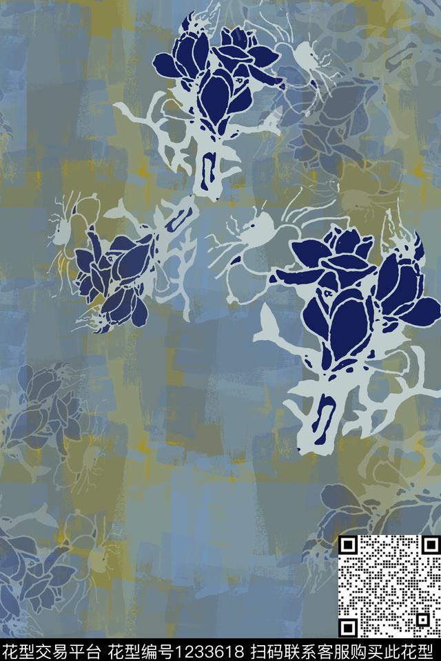 定位花手绘线条笔触玉兰花语数码印花华亿平台下载（图片编号: 1233618） - 瓦栏（Walan）