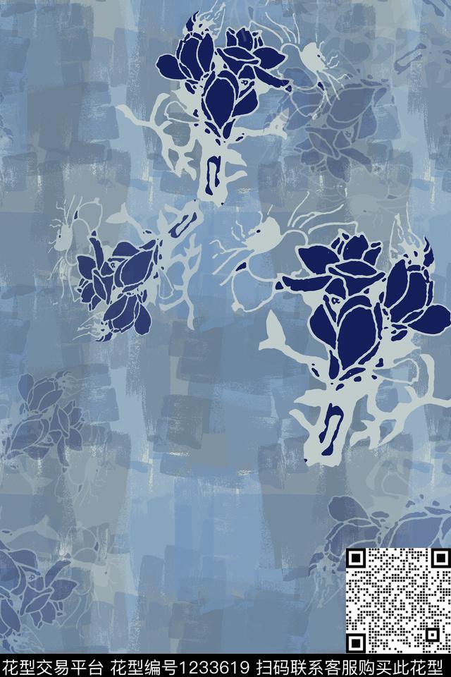 定位花手绘线条笔触玉兰花语数码印花华亿平台下载（图片编号: 1233619） - 瓦栏（Walan）