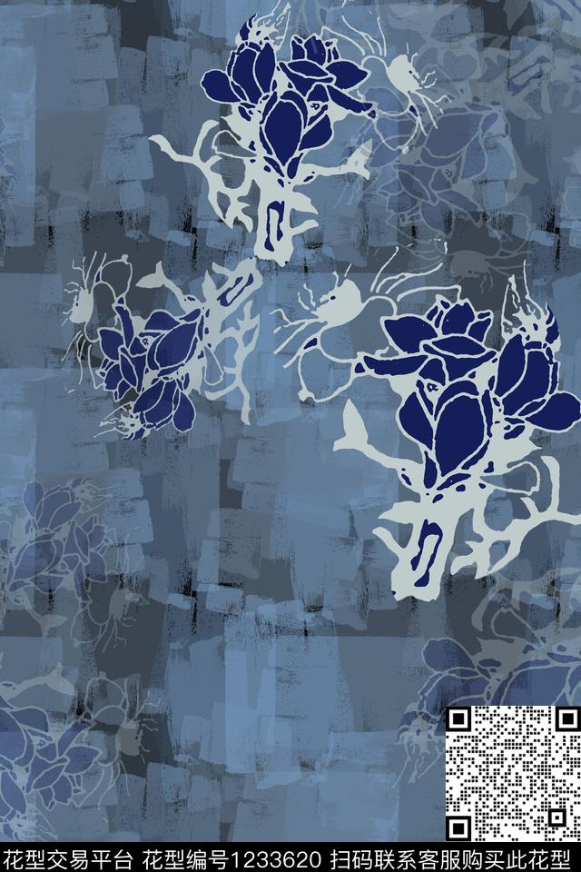定位花手绘线条笔触玉兰花语数码印花华亿平台下载（图片编号: 1233620） - 瓦栏（Walan）