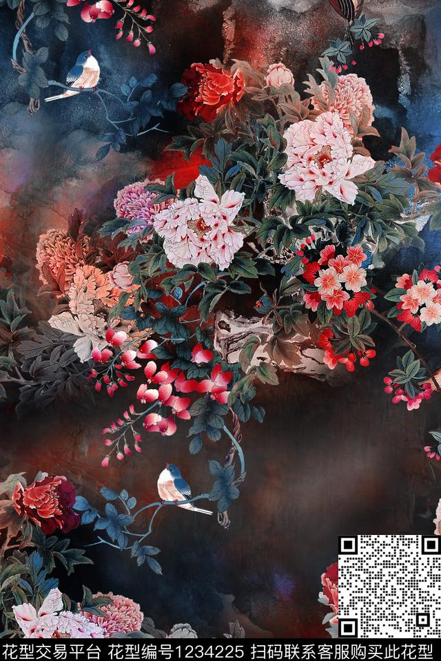香云纱牡丹中国风数码印花华亿平台下载（图片编号: 1234225） - 瓦栏（Walan）