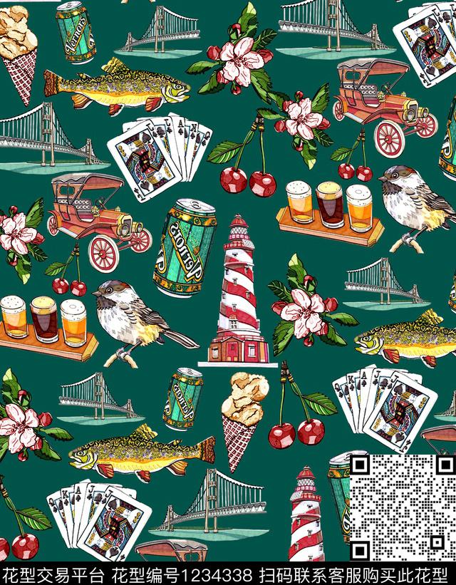 水果热带鱼小碎花数码印花华亿平台下载（图片编号: 1234338） - 瓦栏（Walan）